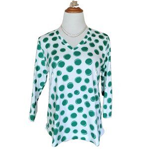 Chico's V-Neck Knit Tee Top 2 Lg Green White Abstract Dots 3/4 Sleeve Cotton